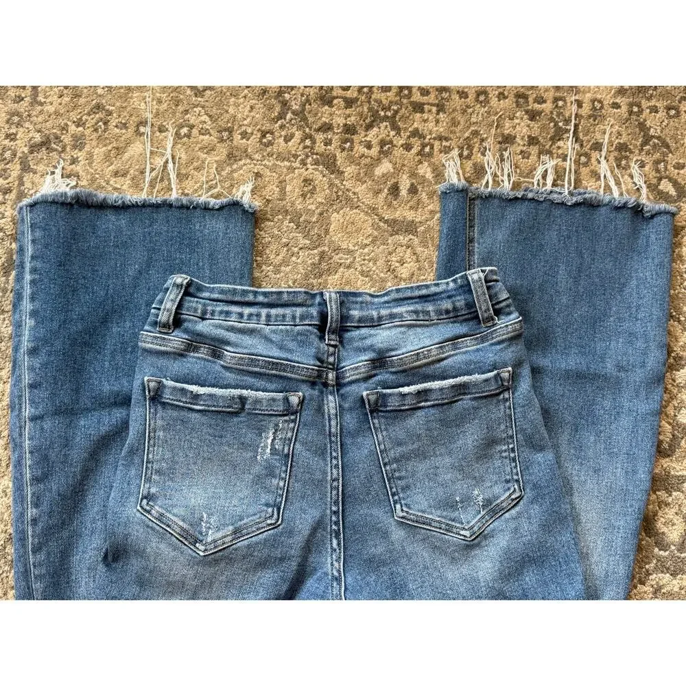 Altar’d State High Rise Distressed Flare Jeans Women 28 Raw Hem Button Fly Denim